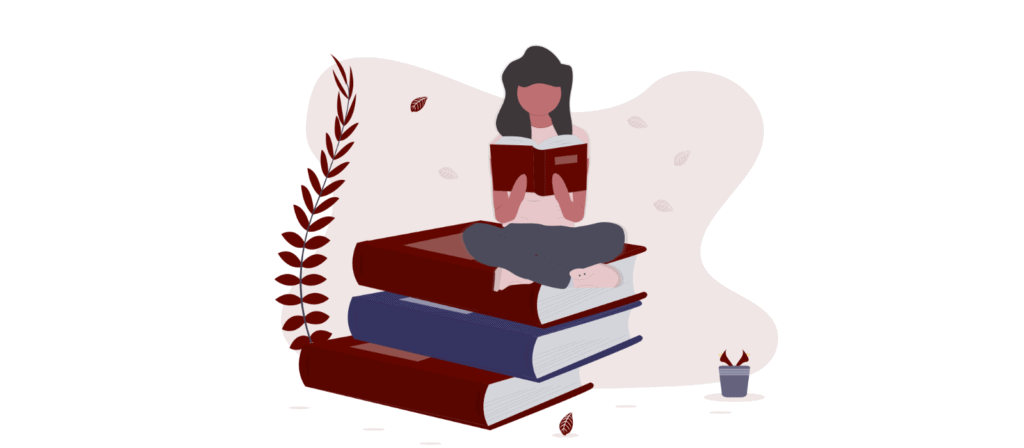 frau sitzt auf büchern und liest